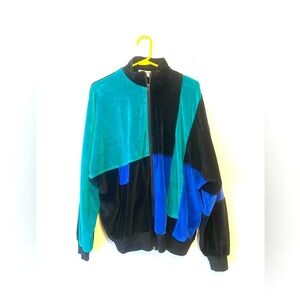 80’s Velvet/Fleece Zip Up Track Jacket Westbound Turquoise Black XL Colorblock
